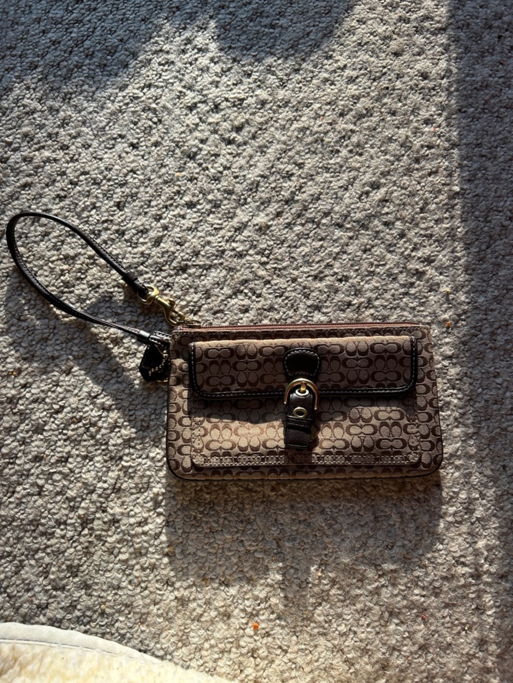 Coach Brown Logo Canvas Wristlet with Leather Trim